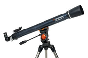 Celestron AstroMaster 70AZ refractor telescope with tripod, compact design for astronomical viewing and stargazing.