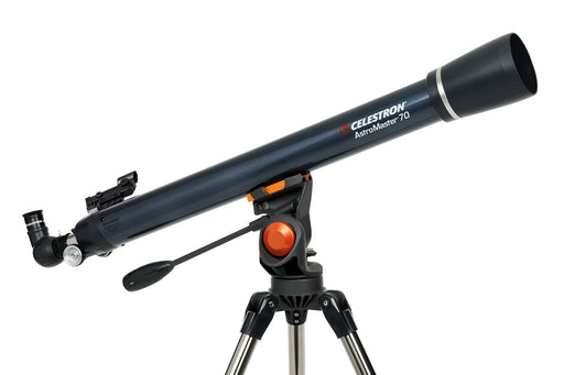 Celestron AstroMaster 70AZ refractor telescope with tripod, compact design for astronomical viewing and stargazing.