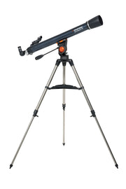 Celestron AstroMaster 70AZ refractor telescope set up with tripod and eyepiece for stargazing and celestial observation.