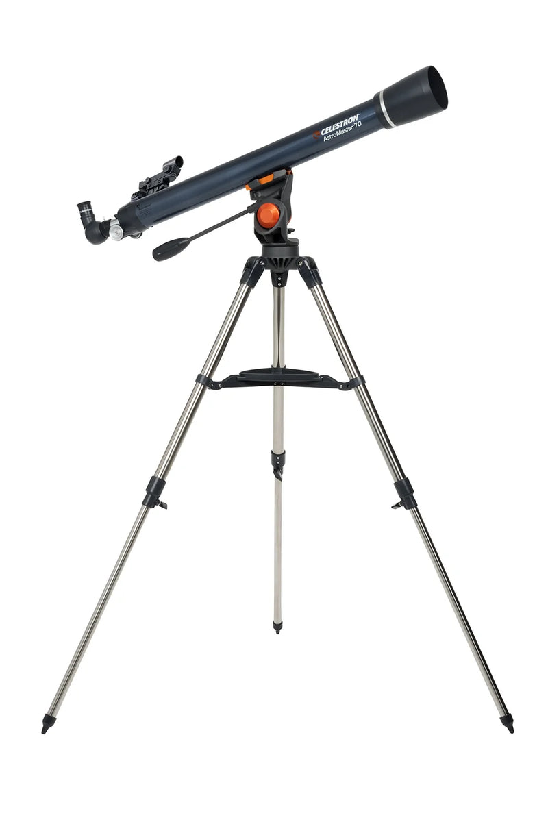 Celestron AstroMaster 70AZ refractor telescope set up with tripod and eyepiece for stargazing and celestial observation.