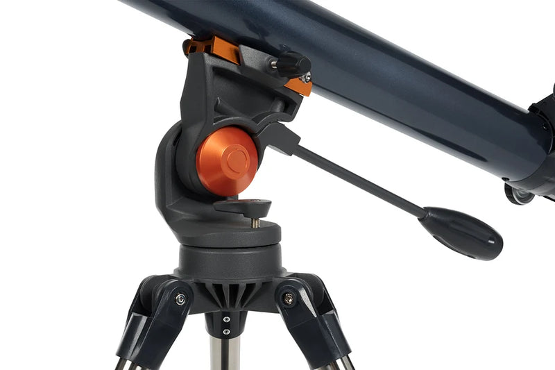 Celestron AstroMaster 70AZ refractor telescope with tripod, suitable for beginner astronomy, featuring a compact optical tube.