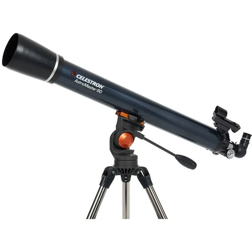 Celestron AstroMaster 90AZ refractor telescope set up outdoors with tripod and optical tube for stargazing and astronomy.