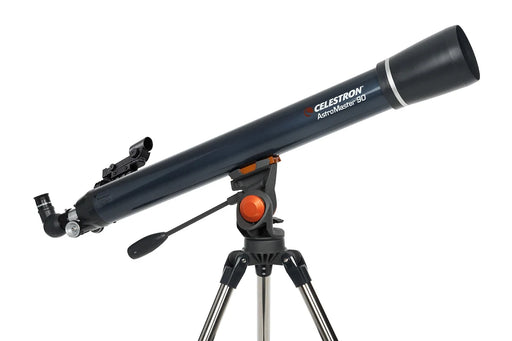 Celestron AstroMaster 90AZ refractor telescope set up outdoors with tripod and optical tube, ready for stargazing.