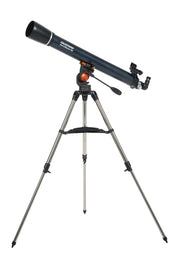 Celestron AstroMaster 90AZ refractor telescope set up on tripod, showing optical tube and mount for astrophotography or stargazing.
