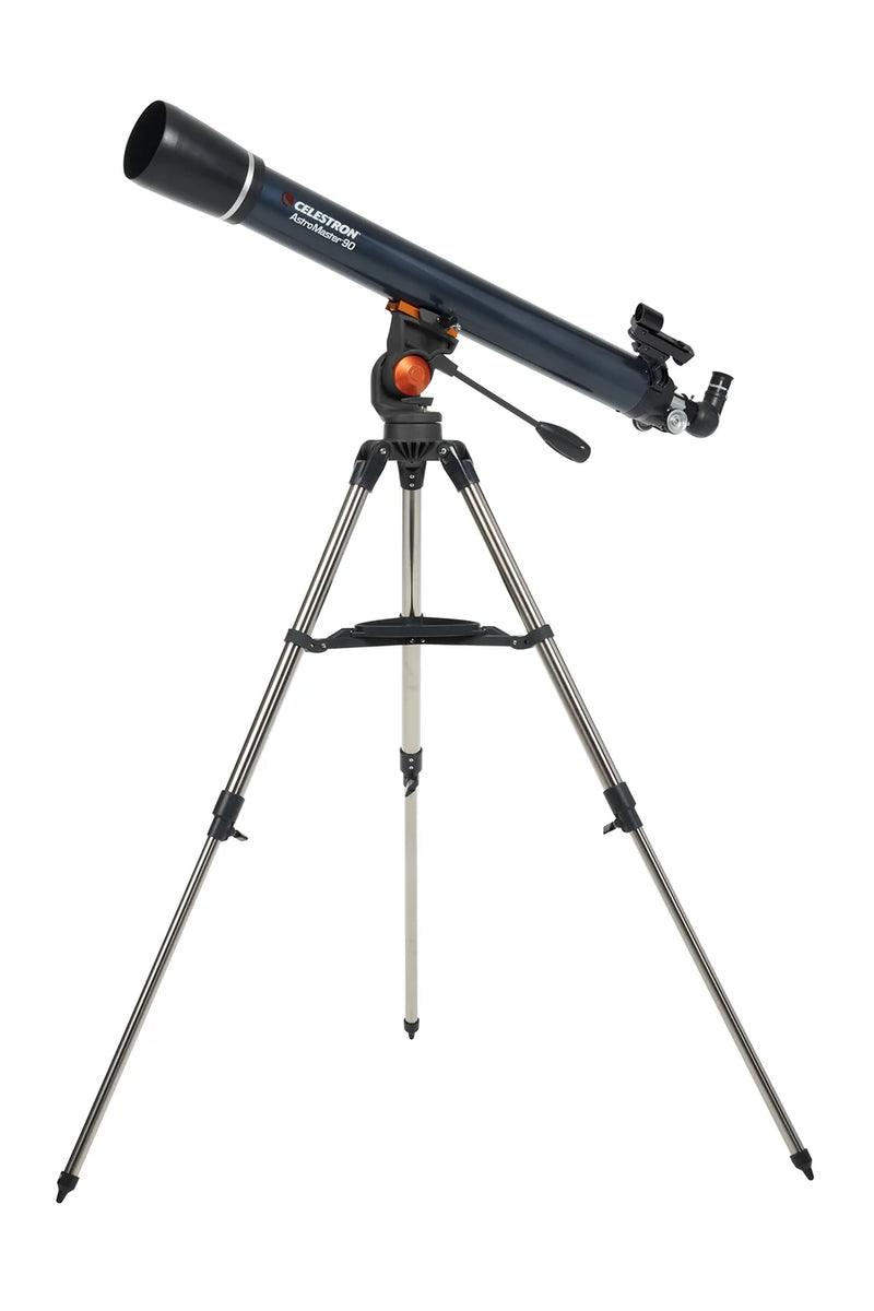 Celestron AstroMaster 90AZ refractor telescope set up on tripod, showing optical tube and mount for astrophotography or stargazing.