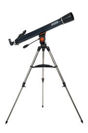 Celestron AstroMaster 90AZ refractor telescope set up on tripod, ready for stargazing and astronomical observation.