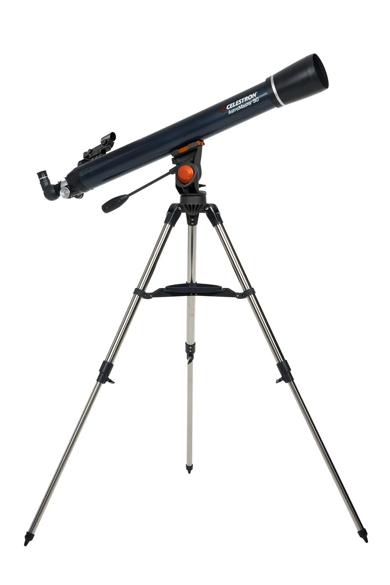 Celestron AstroMaster 90AZ refractor telescope set up on tripod, ready for stargazing and astronomical observation.