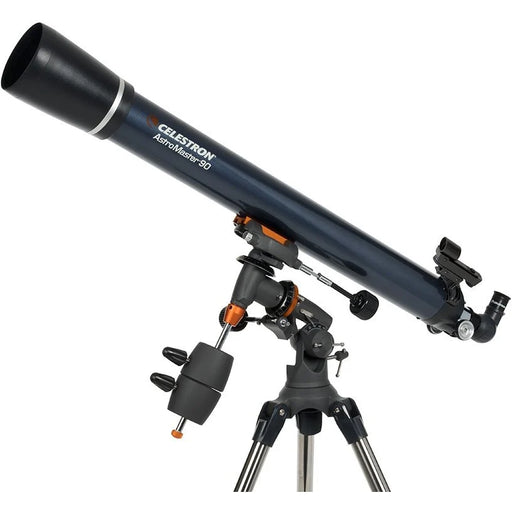 Celestron AstroMaster 90EQ refractor telescope with tripod and optical tube for stargazing and astronomical observation.