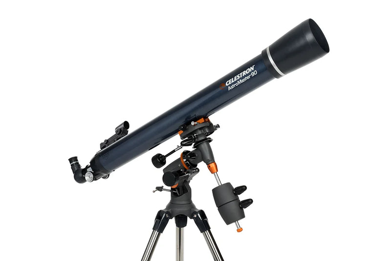 Celestron AstroMaster 90EQ refractor telescope with tripod and mount, designed for astronomy observation and stargazing.