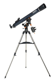 Celestron AstroMaster 90EQ refractor telescope set up on an equatorial mount with tripod for stargazing and astronomical observation.