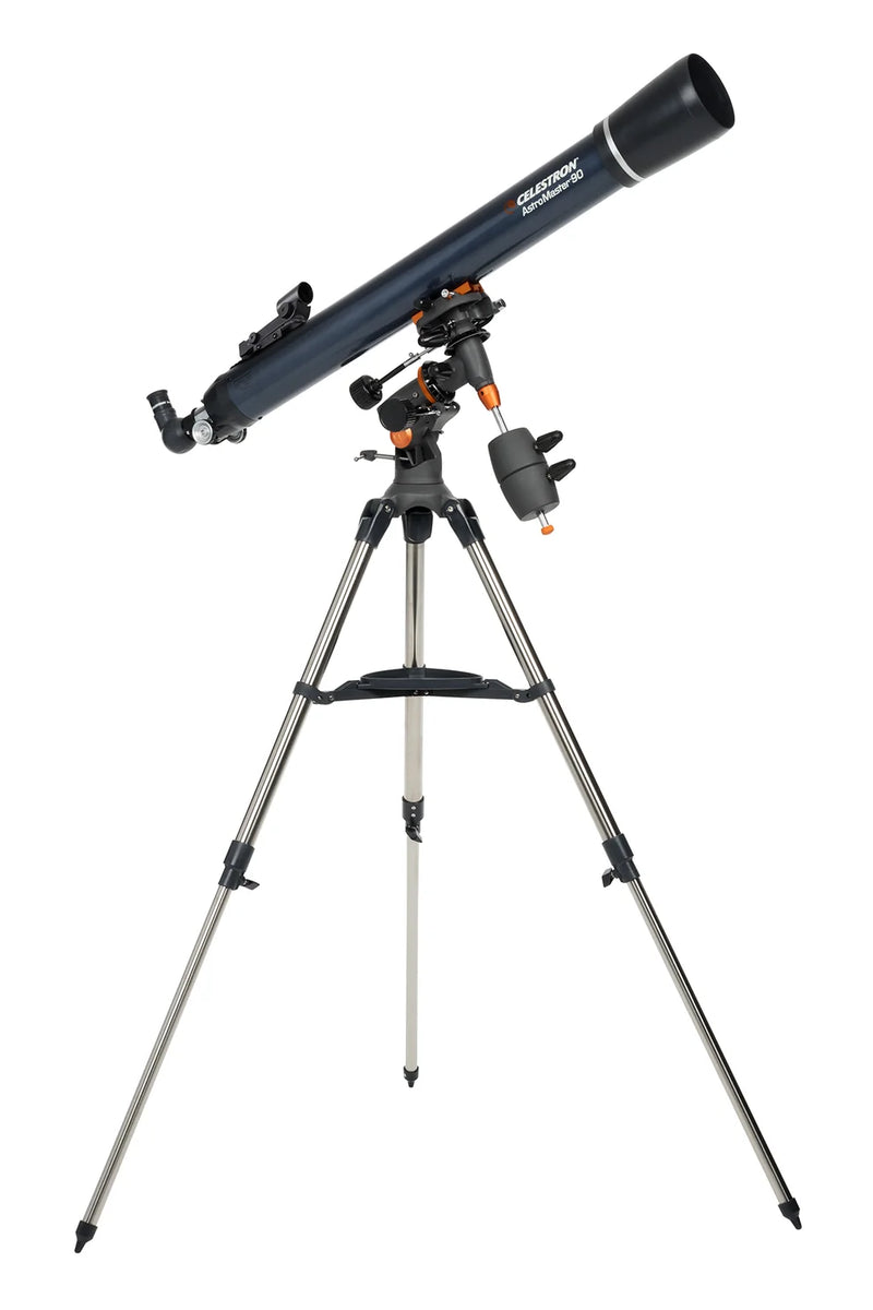 Celestron AstroMaster 90EQ refractor telescope set up on an equatorial mount with tripod for stargazing and astronomical observation.