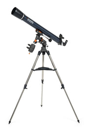 Celestron AstroMaster 90EQ refractor telescope set up outdoors, showing the telescope with tripod and optical tube assembly.