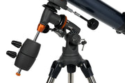 Celestron AstroMaster 90EQ refractor telescope set up outdoors, showing its optical tube, mount, and tripod for stargazing and astronomy.