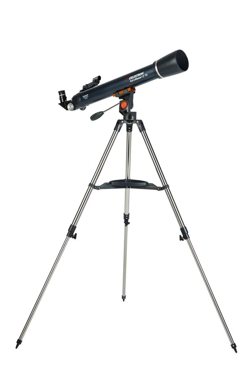 Celestron AstroMaster LT 70AZ refractor telescope with aluminum tripod and optical tube, ideal for beginner stargazing.