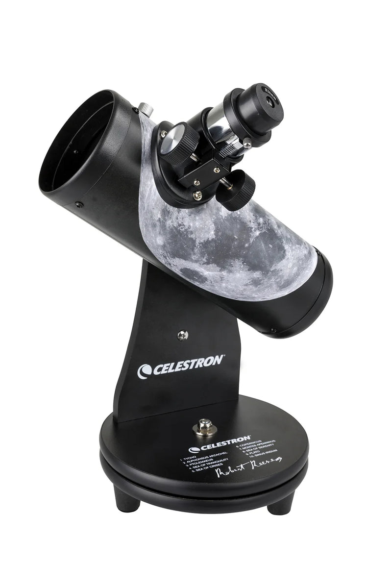 Celestron FirstScope Telescope from the Moon Signature Series, featuring a compact black telescope with a wide eyepiece and sturdy mount.