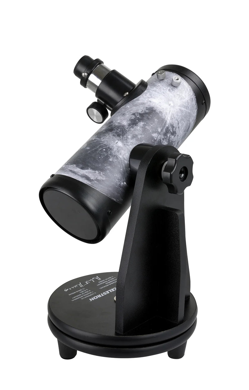 Celestron FirstScope Moon Signature Series telescope showing the telescope with a view of the lunar surface.