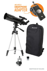 Celestron Travel Scope 80 portable telescope with backpack and smartphone adapter for outdoor stargazing and astrophotography.