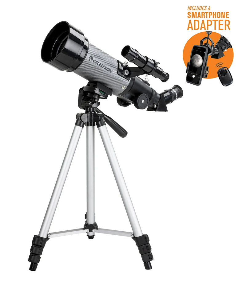 Celestron Travel Scope 70 DX portable telescope with backpack and smartphone adapter, ideal for stargazing and outdoor astronomy.