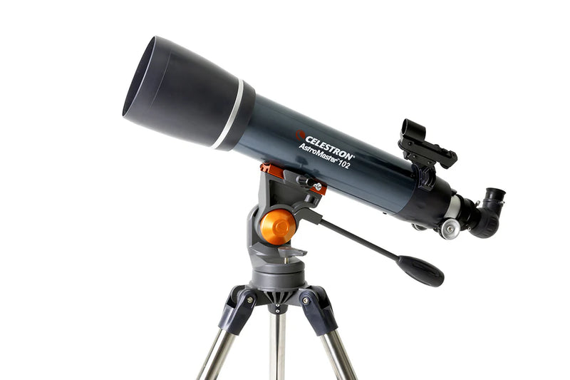 Celestron AstroMaster 102AZ refractor telescope with star pointer, black mount, and optical tube for astronomy viewing.