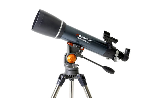 Celestron AstroMaster 102AZ refractor telescope with star pointer, black mount, and optical tube for astronomy viewing.