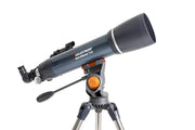 Celestron AstroMaster 102AZ refractor telescope with StarPointer finderscope, black and silver optical tube for stargazing.