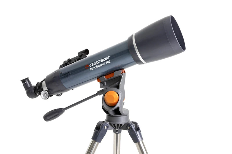Celestron AstroMaster 102AZ refractor telescope with StarPointer finderscope, black and silver optical tube for stargazing.