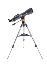 Celestron AstroMaster 102AZ refractor telescope with star pointer, mounted on a tripod, ready for celestial observation.