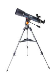 Celestron AstroMaster 102AZ refractor telescope with StarPointer finderscope and sturdy tripod for astronomy viewing.