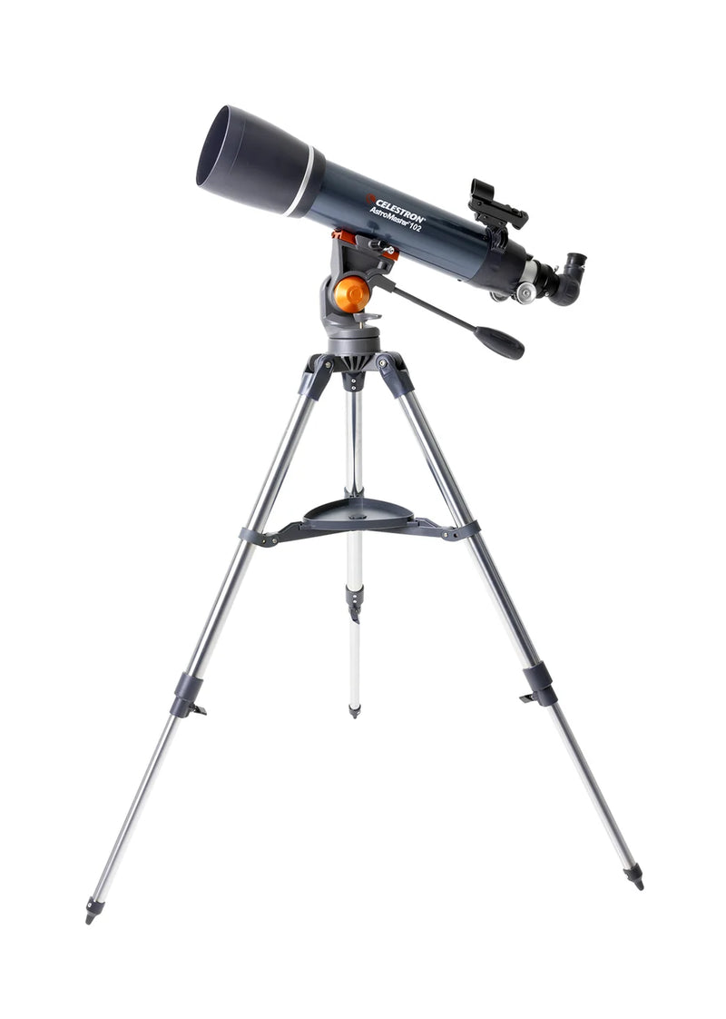 Celestron AstroMaster 102AZ refractor telescope with StarPointer finderscope and sturdy tripod for astronomy viewing.