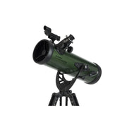 Celestron ExploraScope 114AZ Newtonian Telescope with refractor design, mounted on an adjustable tripod for stargazing.