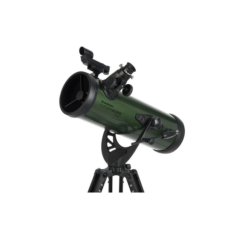 Celestron ExploraScope 114AZ Newtonian Telescope with refractor design, mounted on an adjustable tripod for stargazing.