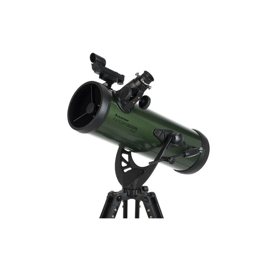 Celestron ExploraScope 114AZ Newtonian Telescope with refractor design, mounted on an adjustable tripod for stargazing.