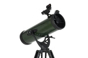 Celestron ExploraScope 114AZ Newtonian telescope with tripod, black and silver finish, outdoor setup for astronomy viewing
