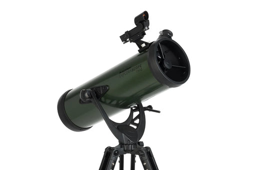 Celestron ExploraScope 114AZ Newtonian telescope with tripod, black and silver finish, outdoor setup for astronomy viewing