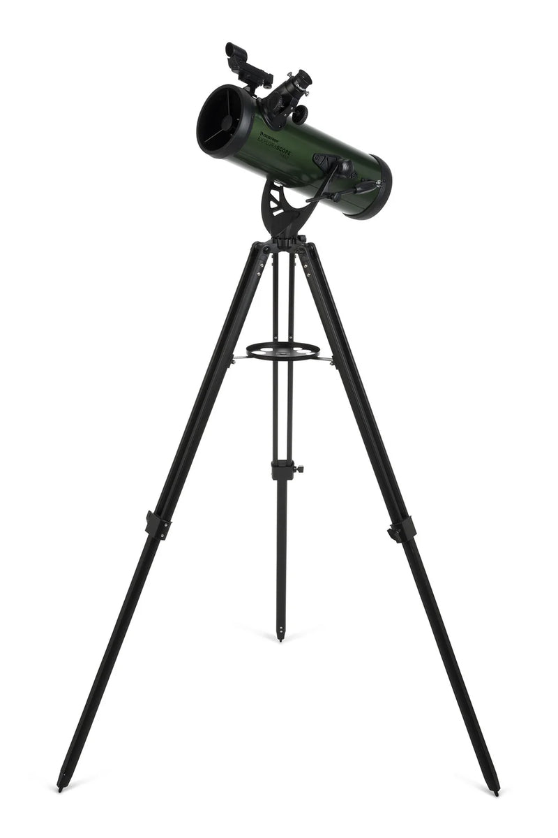Celestron ExploraScope 114AZ Newtonian telescope with aluminum tripod and optical tube, suitable for beginner astronomy enthusiasts