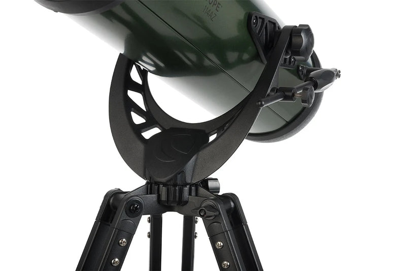 Celestron ExploraScope 114AZ Newtonian telescope with adjustable mount and optical tube for beginner astronomy viewing.