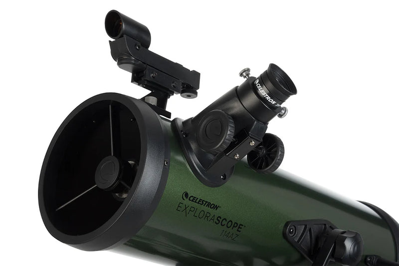 Celestron ExploraScope 114AZ Newtonian refractor telescope with adjustable tripod and optical tube for stargazing and astronomy.