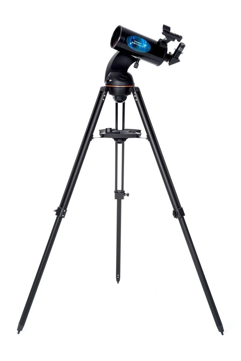 Celestron AstroFi 102 Wi-Fi Maksutov telescope with tripod, showcasing the compact reflector design and optical tube.