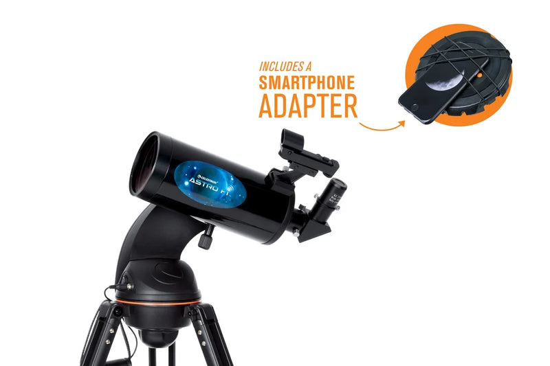 Celestron AstroFi 102 Wi-Fi Maksutov Telescope with smartphone adapter, reflecting telescope for astronomy observation.