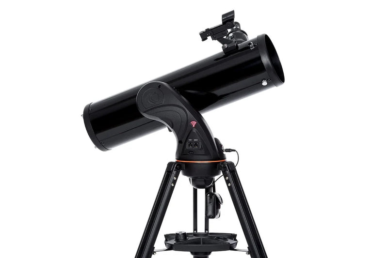 Celestron AstroFi 130 Wi-Fi Newtonian reflector telescope with optical tube and mount, designed for stargazing and astrophotography.