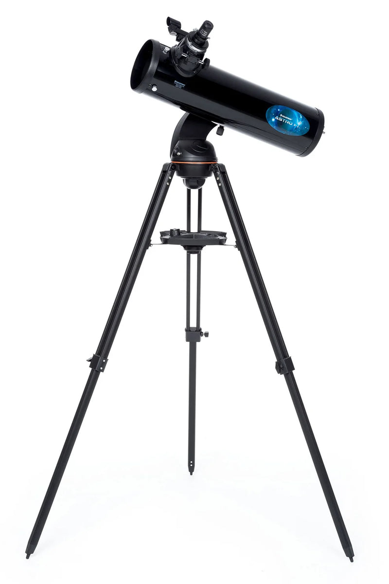 Celestron AstroFi 130 Wi-Fi Newtonian reflector telescope with tripod, ready for stargazing and astronomical observation.