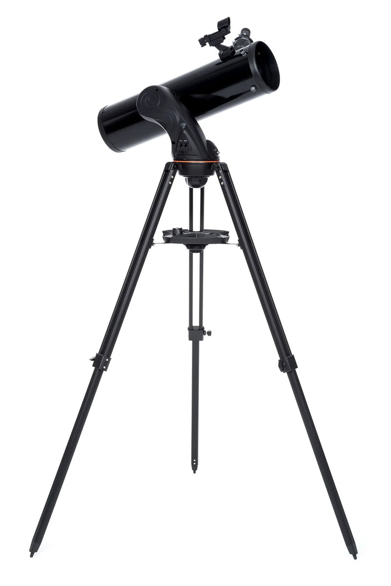 Celestron AstroFi 130 Wi-Fi Newtonian reflector telescope with adjustable tripod and optical tube for stargazing and astronomy.