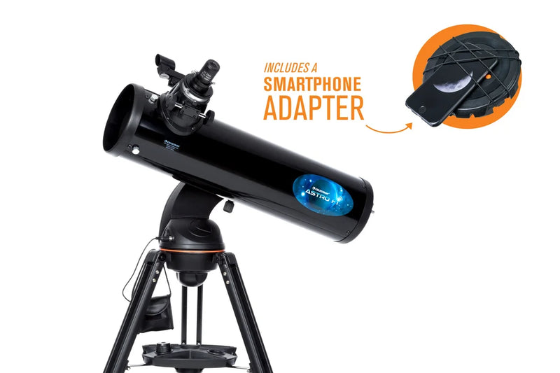 Celestron AstroFi 130 Wi-Fi Newtonian reflector telescope with smartphone adapter for astrophotography and stargazing.