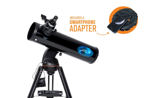 Celestron AstroFi 130 Wi-Fi Newtonian reflector telescope with smartphone adapter for astrophotography and stargazing.