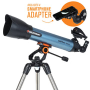 Celestron Inspire 100AZ refractor telescope with tripod, shown with smartphone adapter for astrophotography and sky viewing.