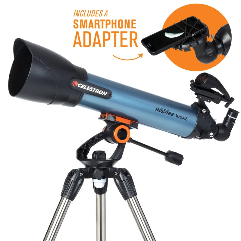 Celestron Inspire 100AZ refractor telescope with tripod, shown with smartphone adapter for astrophotography and sky viewing.