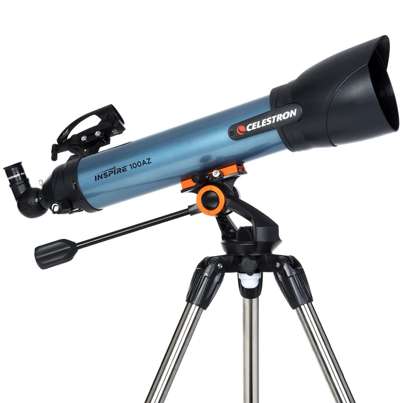 Celestron Inspire 100AZ refractor telescope with optical tube, mounted on an adjustable tripod for stargazing and terrestrial viewing.