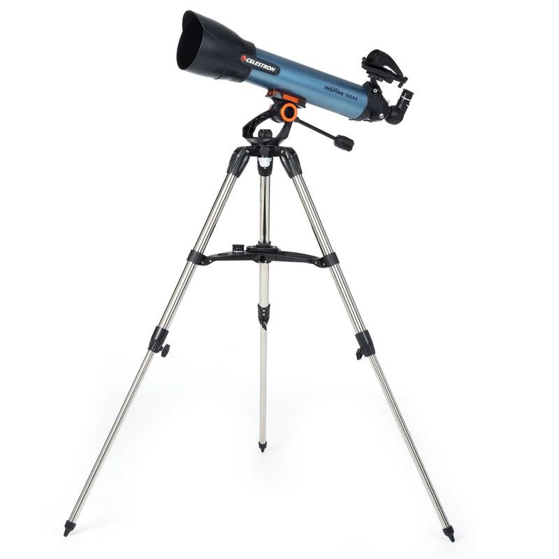 Celestron Inspire 100AZ Refractor Telescope with adjustable tripod, optical tube, and eyepiece for stargazing and celestial observation.