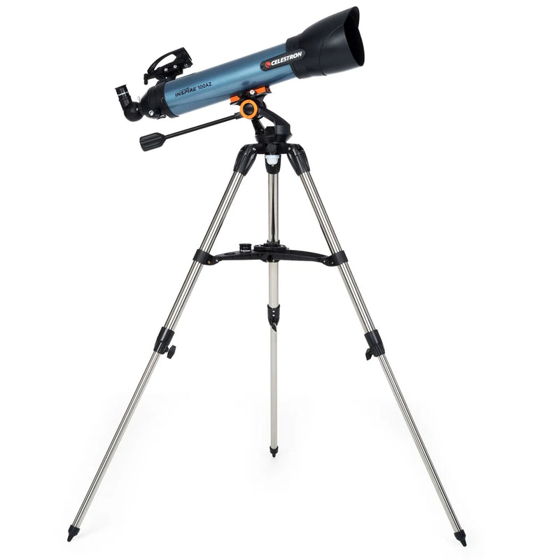 Celestron Inspire 100AZ refractor telescope with optical tube, mounted on a tripod for stargazing and celestial observation.
