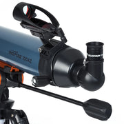 Celestron Inspire 100AZ refractor telescope with tripod, featuring a sleek design and adjustable mount for astronomy viewing.